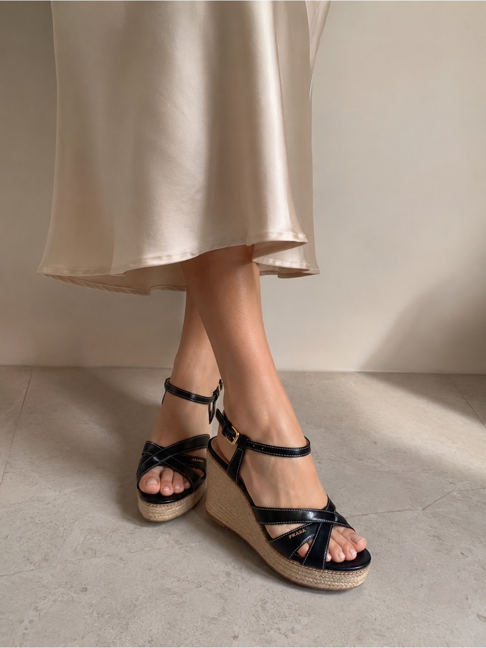 Prada Black Leather Wedge Espadrille Slingback Sandals Size 39 (US 8.5-9)